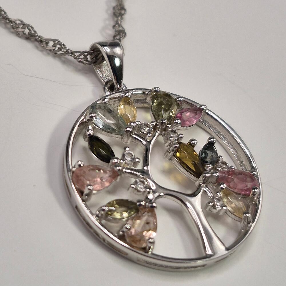 Tree of Life Necklace Multi-Color Tourmaline Stones Pendant Sterling Silver YGI